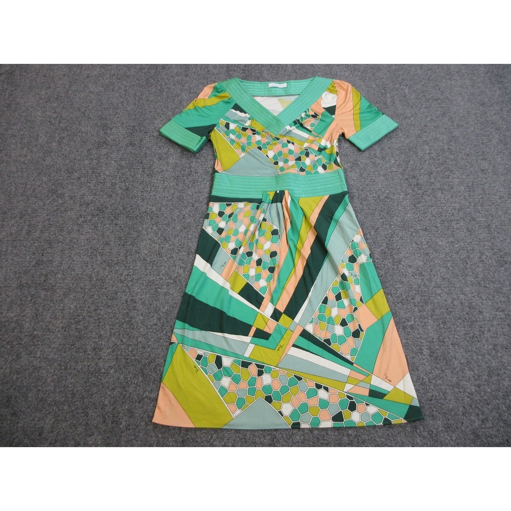 Emilio Pucci Dress Womens 4 Silk V-Neck A-Line Geometric Print Made in Italy